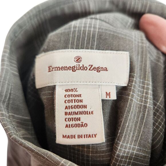 ERMENEGILDO‎ ZEGNA Shirt Mens Medium Brown Gray Pocket Button Front Dress Top - Picture 10 of 10